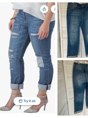 Standards & Practices Distressed Boyfriend Jeans with Patch Detail  SZ 16 Boho